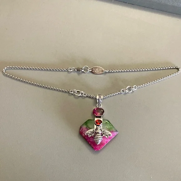 925 sterling silver overlay pink green agate & mystic topaz bee boho necklace . - Picture 13 of 14